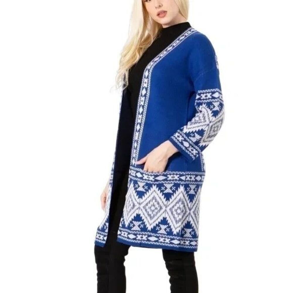 Vertigo Paris Size XL Blue White Diamond Women's Long Cardigan NWT  $268.00